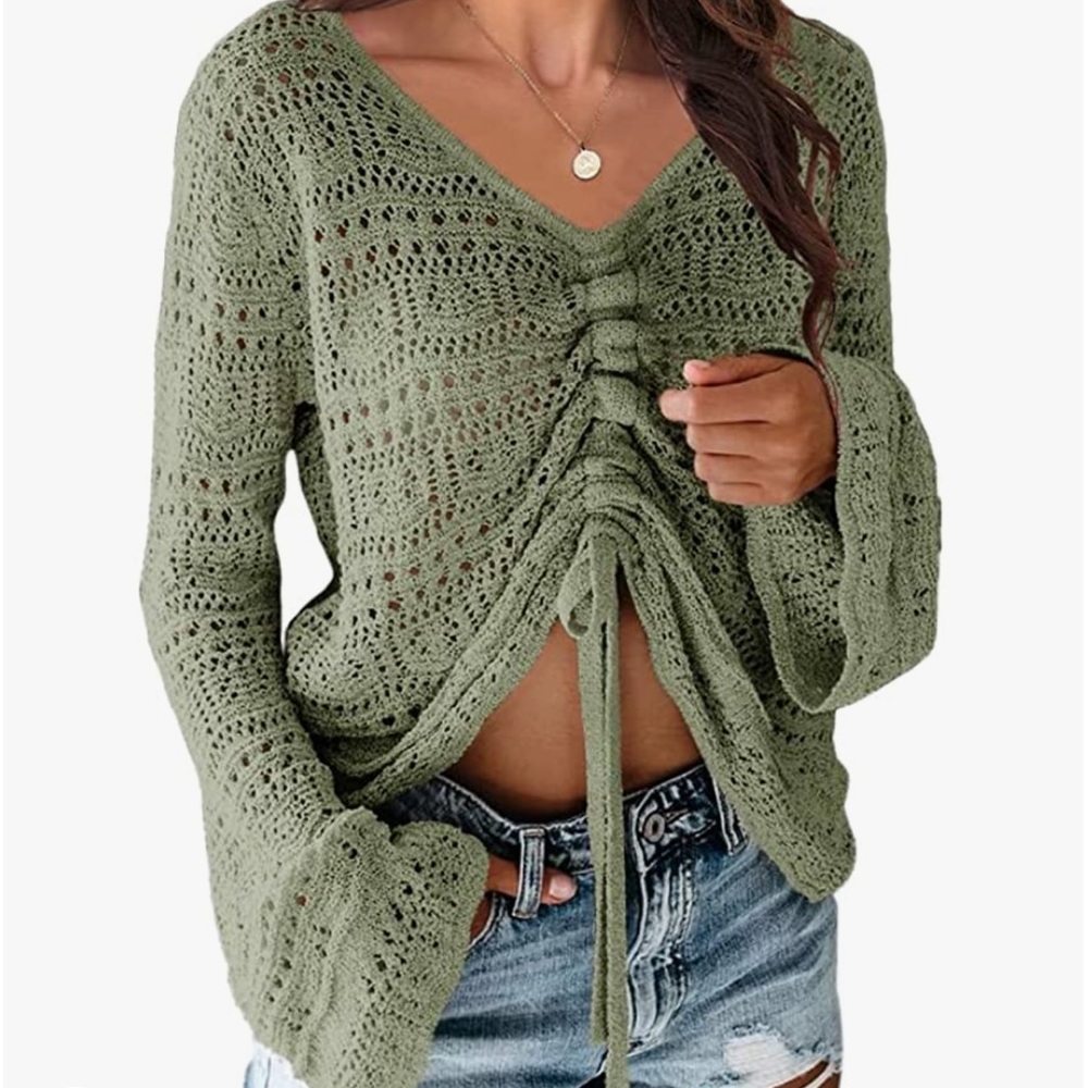 ARMY GREEN Womens Boho Off Shoulder Sheer Crop Tops Bell Sleeve SZ L NEW! - Picture 1 of 5